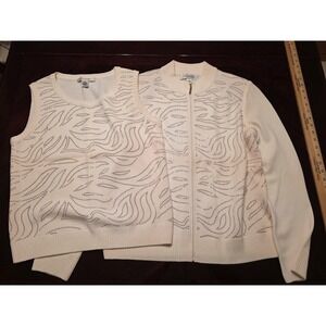 St. John Set Womens Medium White Wool Knit Rhinestone Cardigan Sweater Vest 2 Pc